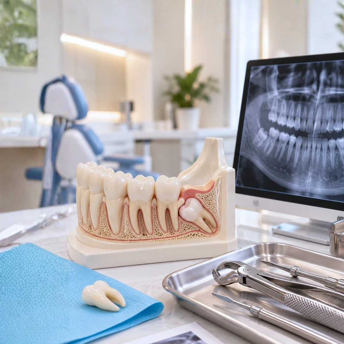 Wisdom tooth model and radiograph